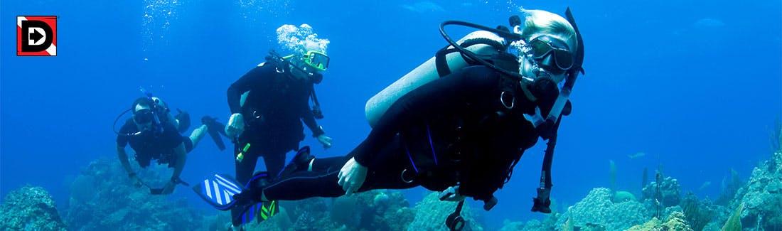 Three scuba divers with the Divers Direct Logo in the upper left corner