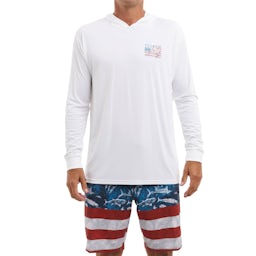 Pelagic Aquatek Reel Flag Hooded Performance Shirt (Men's) - Front on Model Thumbnail}