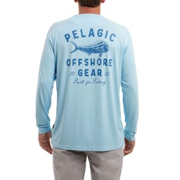 Pelagic Aquatek Who’s UR Mahi Performance Shirt (Men’s) - Light Blue Back on Model Thumbnail}